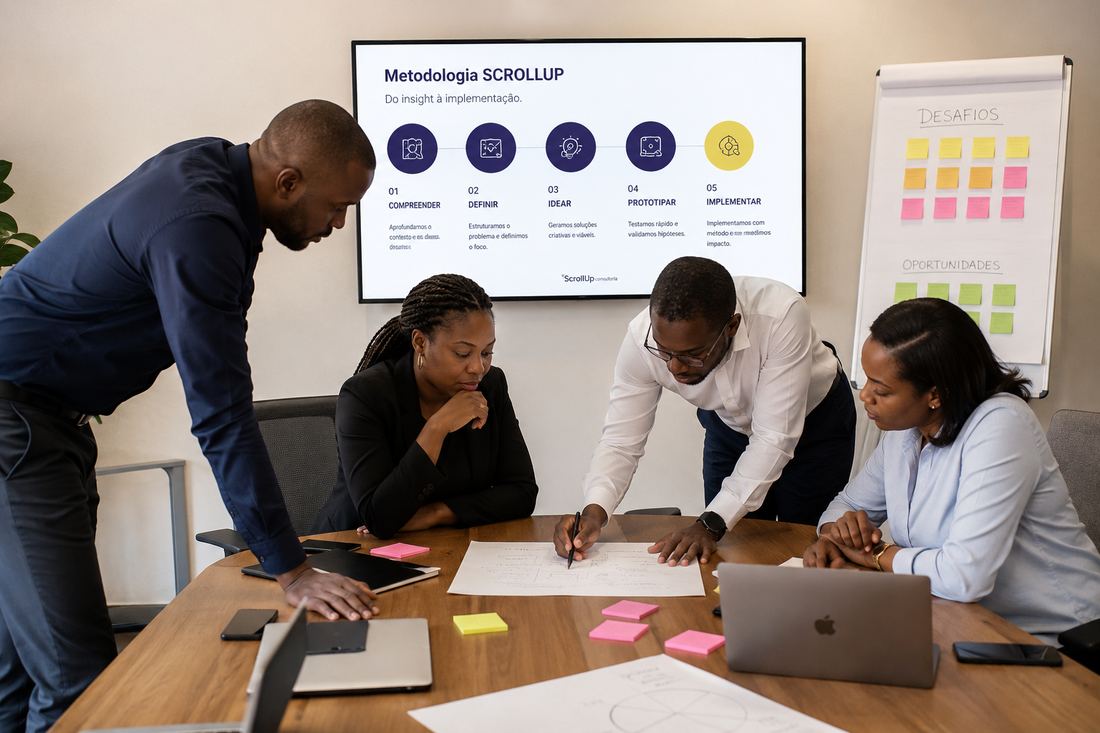 Equipa consultora da SCROLLUP reunida à volta de uma mesa de trabalho, a rever a metodologia da empresa apresentada num ecrã