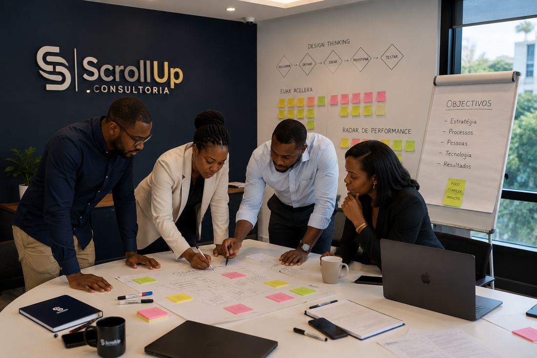 Equipa da SCROLLUP à volta de uma mesa de trabalho, com o quadro de Design Thinking e o Radar de Performance preenchidos com notas adesivas reais